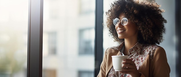 una mujer con una taza de café en la mano