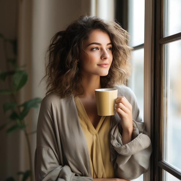 Mujer con taza de café y mirando por la ventana