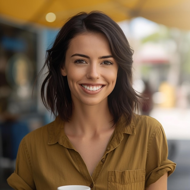 Una mujer con una taza de café.