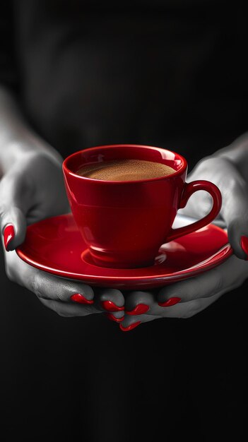 Foto mujer con una taza roja de café