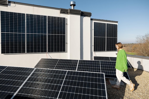 Mujer en el techo de su casa con una estación solar