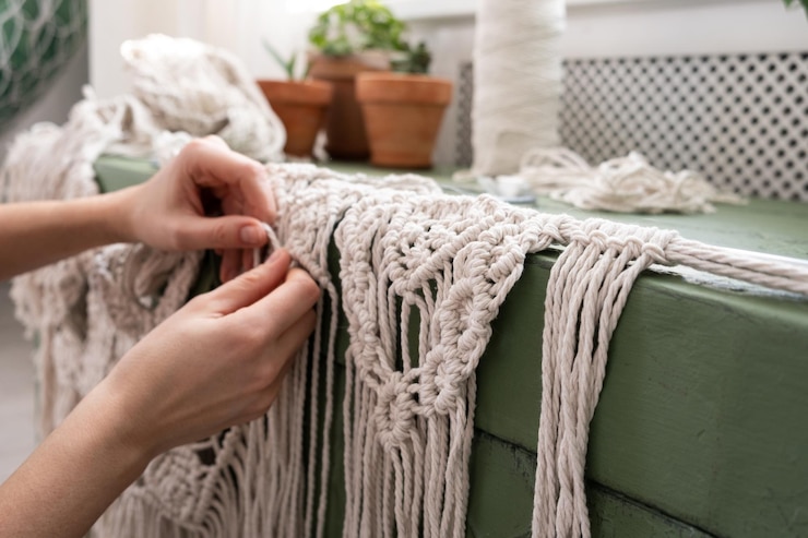 Foto la mujer teje en casa decoración hecha a mano a partir de hilo de algodón macrame proceso de creación de paneles macrame