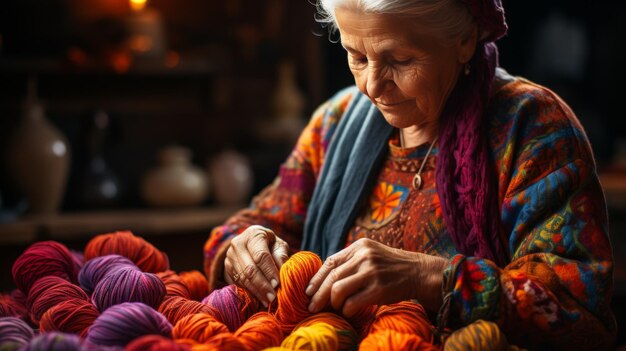 Una mujer teje una colorida bufanda de lana