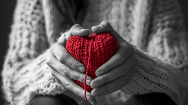 Una mujer teje un corazón rojo para su amado en tarjeta postal de San Valentín en blanco y negro