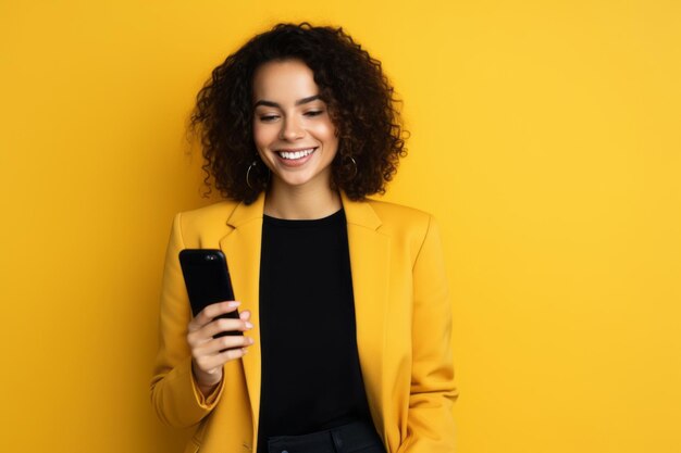 Mujer con teléfono en fondo amarillo