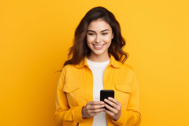 Mujer con teléfono en fondo amarillo