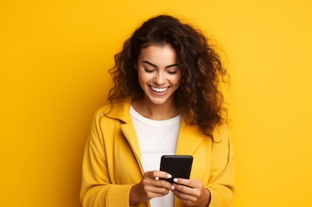 mujer con teléfono en fondo amarillo