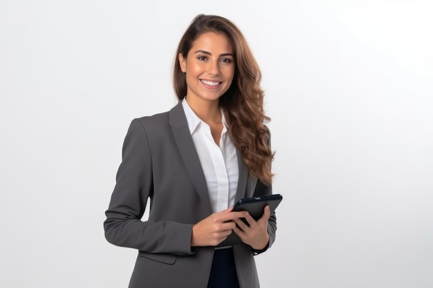 mujer con teléfono en fondo blanco