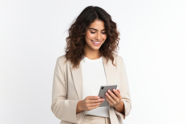 Mujer con teléfono en fondo blanco