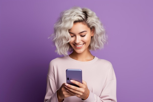 mujer con teléfono en fondo púrpura