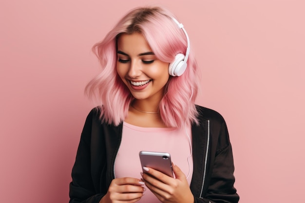 Mujer con teléfono en fondo rosa