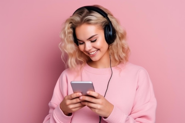 Mujer con teléfono en fondo rosa