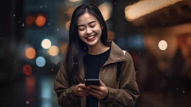 mujer con teléfono inteligente de pie en la calle