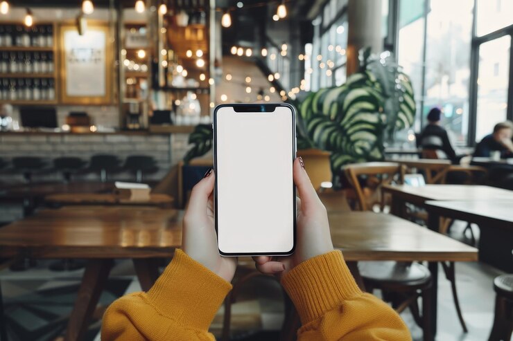Mujer con teléfono móvil de pantalla en blanco en un café