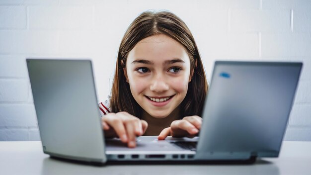 Foto mujer tenaz trabajando con una computadora aislada en una pared blanca mirando hacia arriba mientras sonríe