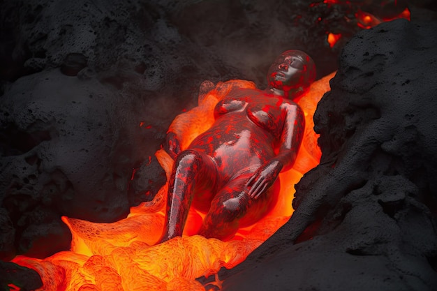 Una mujer tendida en la lava con las piernas cruzadas.