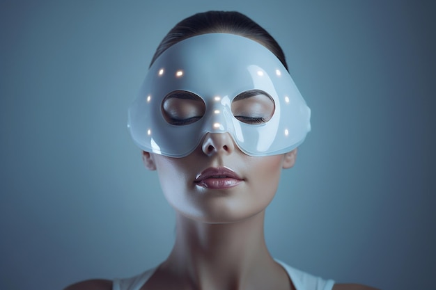 Mujer con terapia de luz LED máscara de belleza facial fotonoterapia procedimiento cosmético para el rostro de la mujer tratamiento de máscara facial LED procedimiento profesional de cosmetología antienvejecimiento cuidado de la piel spa y salud