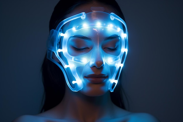 Mujer con terapia de luz LED máscara de belleza facial fotonoterapia procedimiento cosmético para el rostro de la mujer tratamiento de máscara facial LED procedimiento profesional de cosmetología antienvejecimiento cuidado de la piel spa y salud