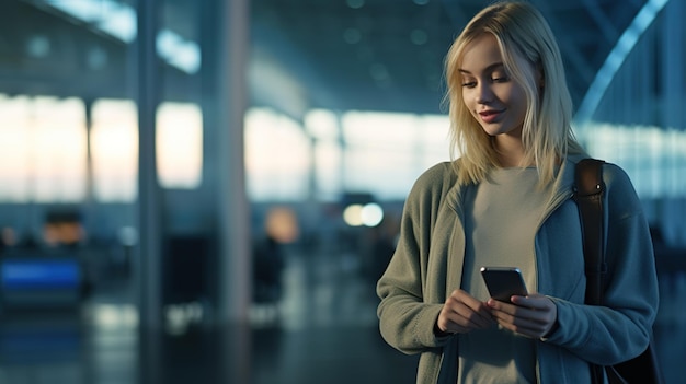 La mujer de la terminal del aeropuerto espera el vuelo usa el teléfono inteligente para navegar por Internet en los medios sociales en línea Sho
