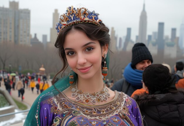 Foto mujer con tiara en una multitud de personas