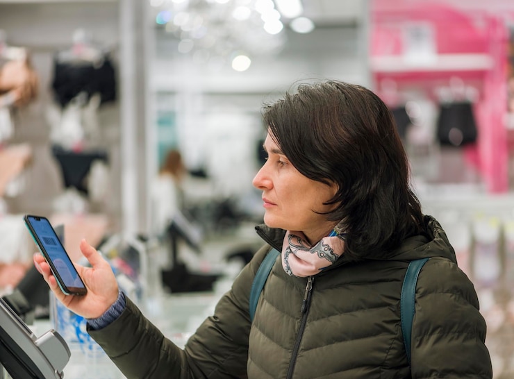 Foto una mujer en una tienda en la caja mira la pantalla de un teléfono inteligente