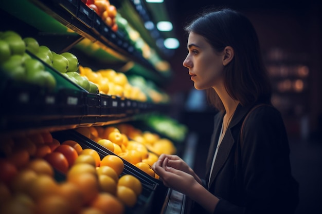 Una mujer en una tienda de comestibles mirando un estante lleno de verduras.