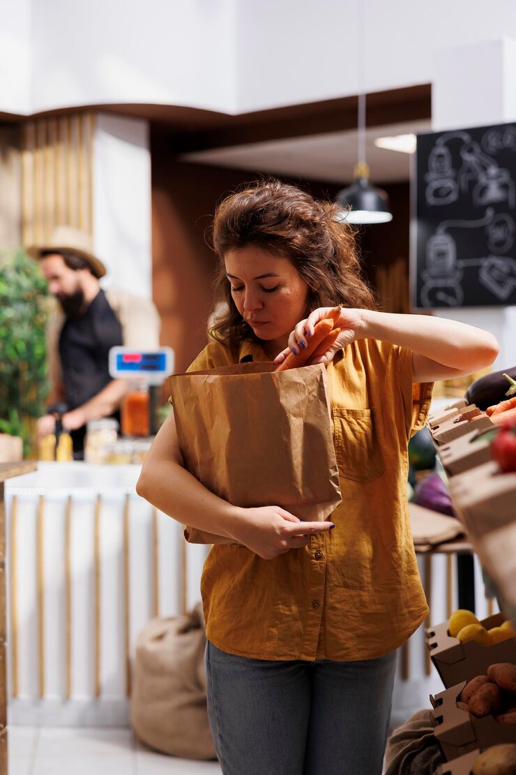 Foto mujer en una tienda de desperdicio cero comprando vegetales naturales cultivados en invernadero, recogiendo zanahorias maduras. cliente en una tienda de comestibles local libre de plástico que busca comprar alimentos saludables, utilizando una bolsa de papel no contaminante