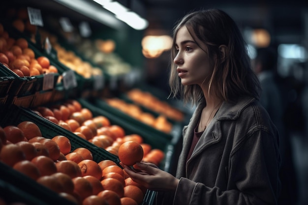 Mujer tienda saludable elegir mercado de frutas supermercado comida noche compras de verduras IA generativa