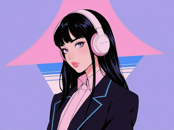 una mujer tiene el cabello negro con auriculares y traje de lujo