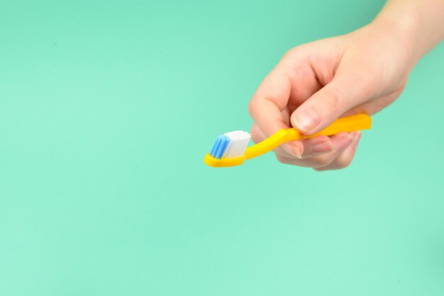 La mujer tiene cepillos de dientes en la mano sobre un fondo verde