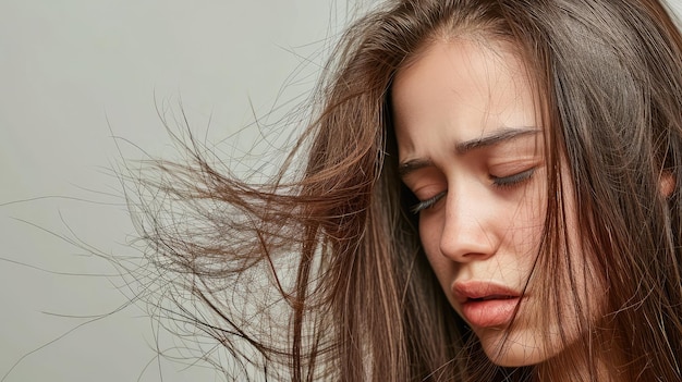 La mujer tiene el concepto de problema seco de pérdida de cabello dañado y roto