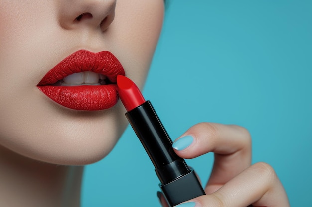 Foto una mujer tiene un lápiz labial rojo en la boca