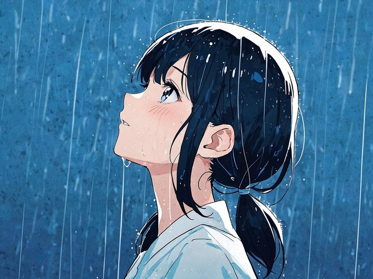 Una mujer tiene ojos de belleza translúcida con piel tan clara como la lluvia con hermosas gotas de lluvia