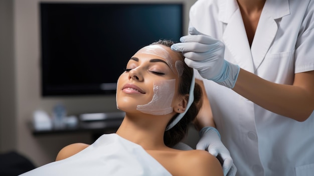 Una mujer tiene un procedimiento cosmético relajante realizado por un médico estético en una clínica Creado con tecnología de IA generativa