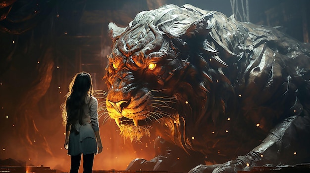 Mujer con tigre de fantasía gigante ilustración 3d