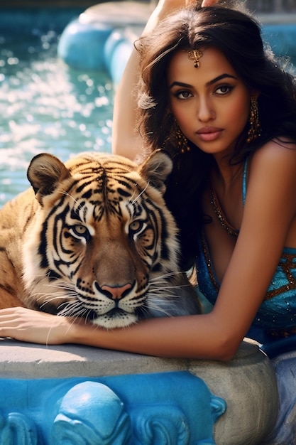 Una mujer y un tigre posan para una foto.