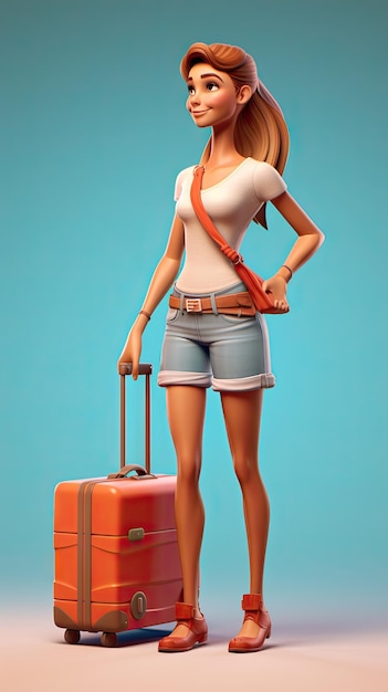 Mujer tirando de una maleta con ropa casual