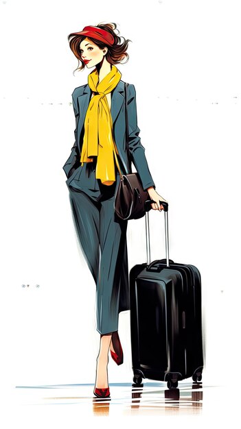 Mujer tirando de una maleta con ropa casual