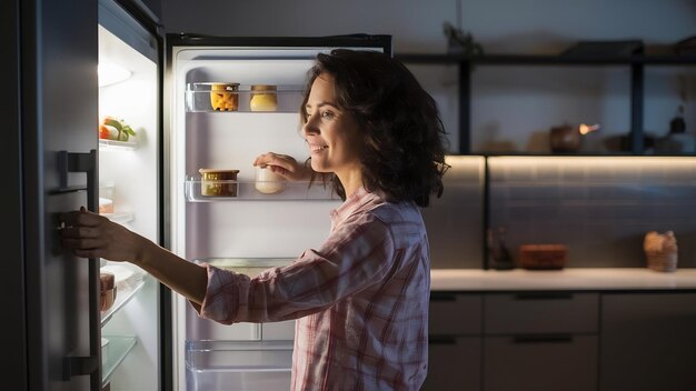 Foto mujer de tiro medio abriendo la nevera