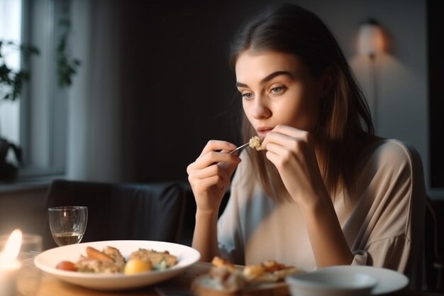 Mujer de tiro medio comiendo en casa