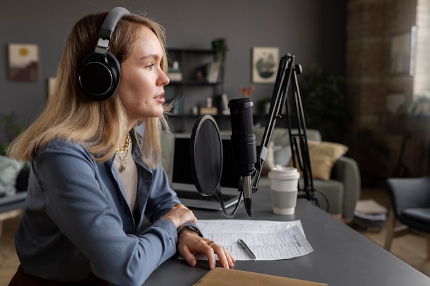 Foto mujer de tiro medio grabando podcast