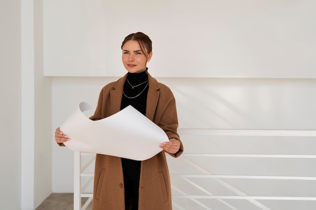 Foto mujer de tiro medio que trabaja en un proyecto de diseño de interiores.