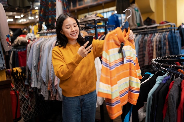 Foto mujer de tiro medio tomando una foto con un teléfono inteligente