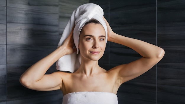 Mujer con toalla en la cabeza y el cuerpo después de la ducha