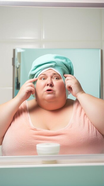 Foto una mujer con una toalla en la cabeza está frente a un espejo