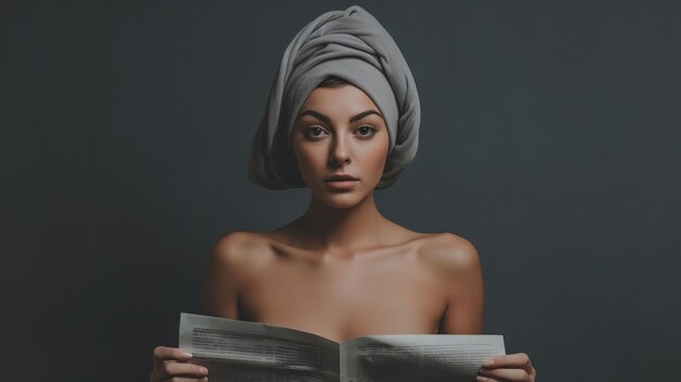 Foto mujer con toalla leyendo el periódico