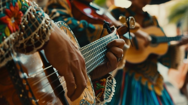 una mujer toca una guitarra con una banda de cuentas