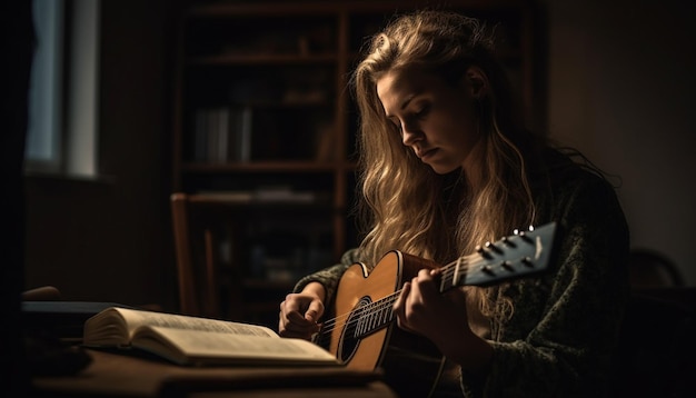 Foto una mujer toca una guitarra en un cuarto oscuro.