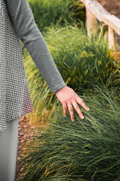 Una mujer toca la hierba con la mano por la mañana.