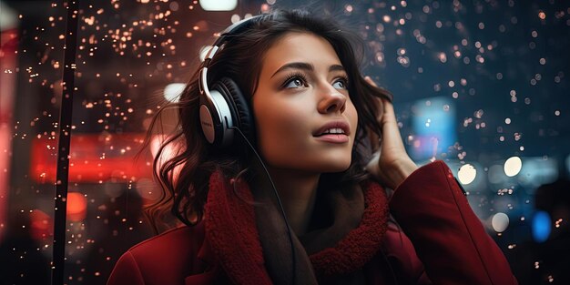Foto la mujer se toca las orejas mientras mira las luces rojas en el estilo de la energía caótica